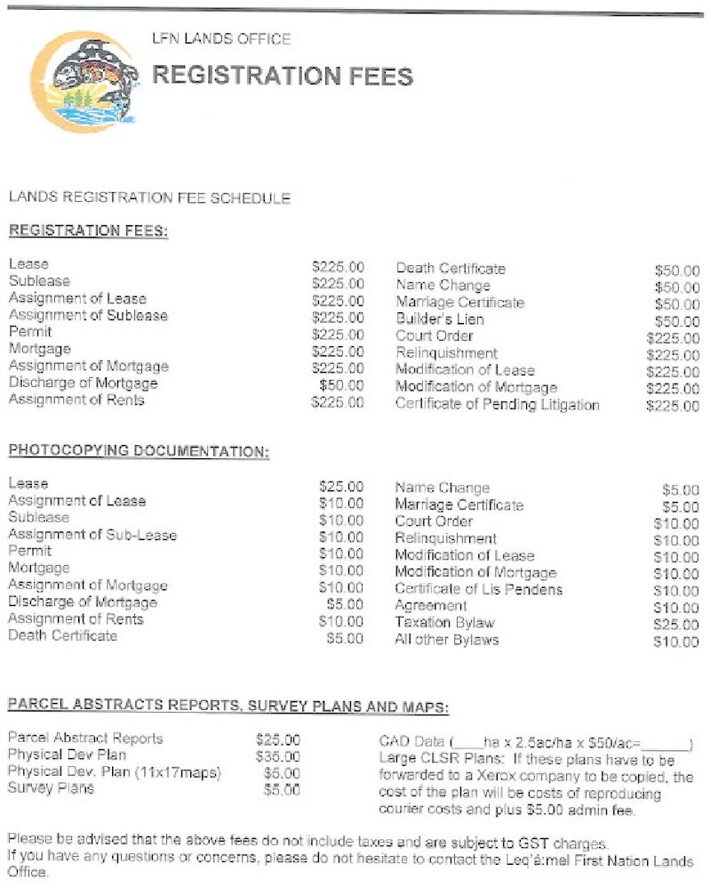 Lands Registration Fee Schedule