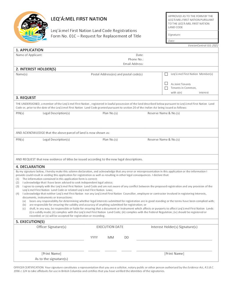 Form 01C – Request for Replacement of Title